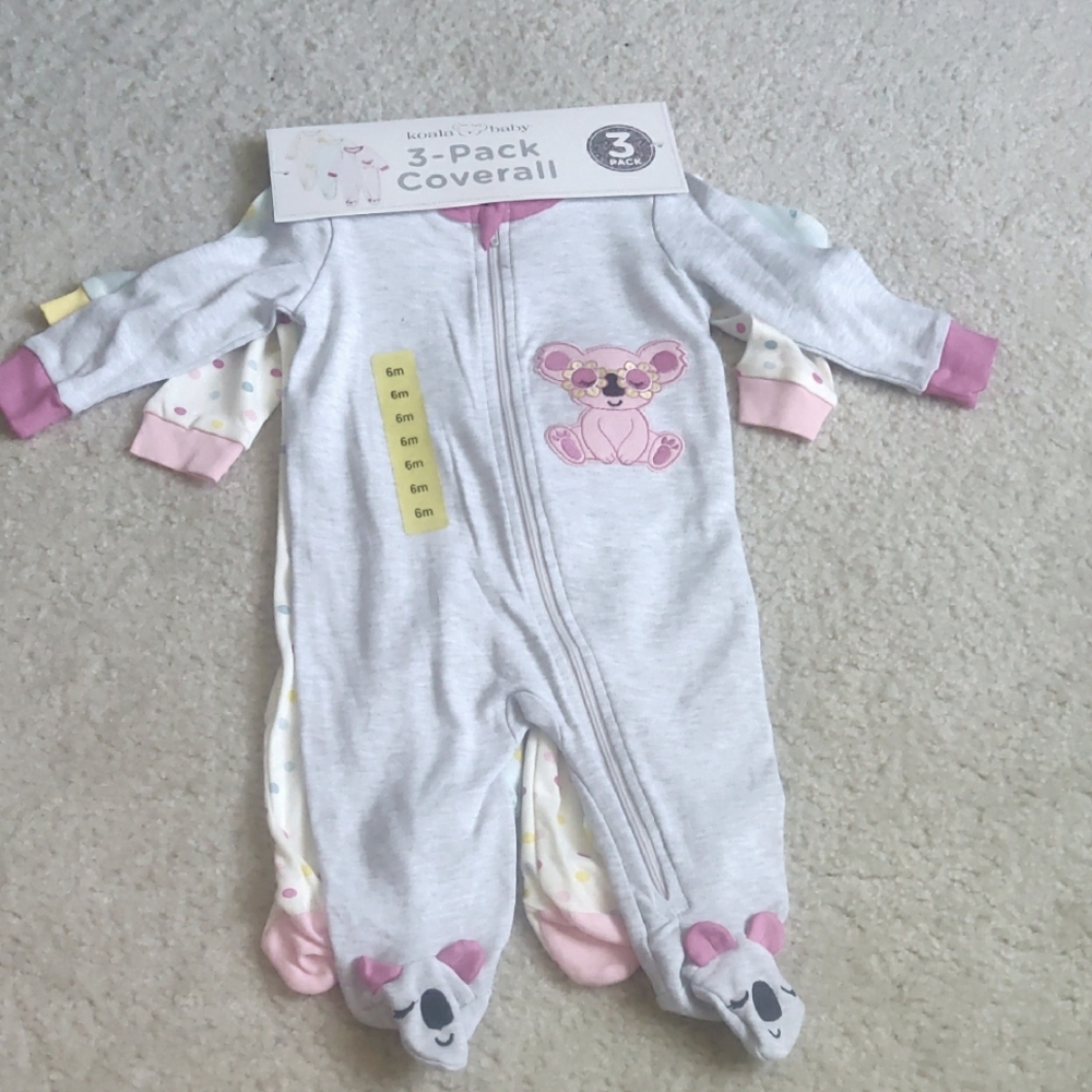 New!koala baby Girls 3 pack coverall 100% Koala Kids Gray Pink Footed One Piece